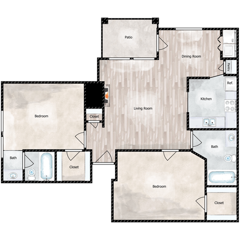 Floor plan for 2 beds, 2 baths, 1032 sqft